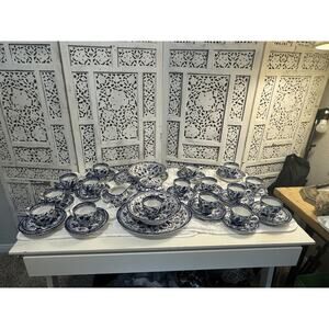 Burleigh B & L Blue Regal Peacock 46 Piece Pottery Breakfast Tea Serving Set